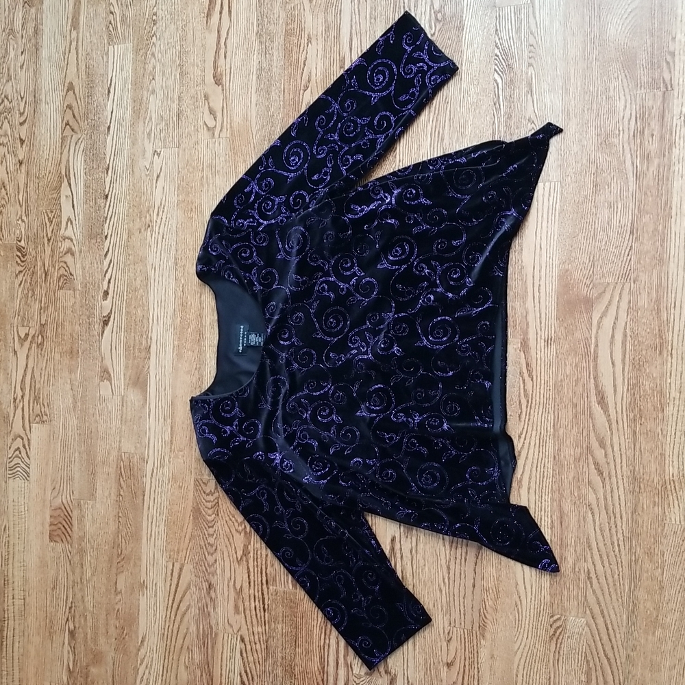 (20W) Connected Apparel Padded Shoulders Sparkly Swirl Velvet ¾ Sleeve Top